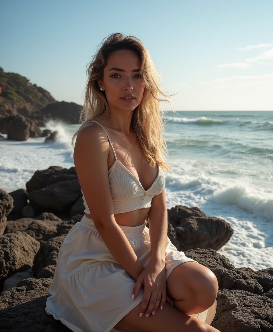 AI coastal portrait on dark wet shoreline rocks with surf breaking behind and hard directional sunlight defining the jawline