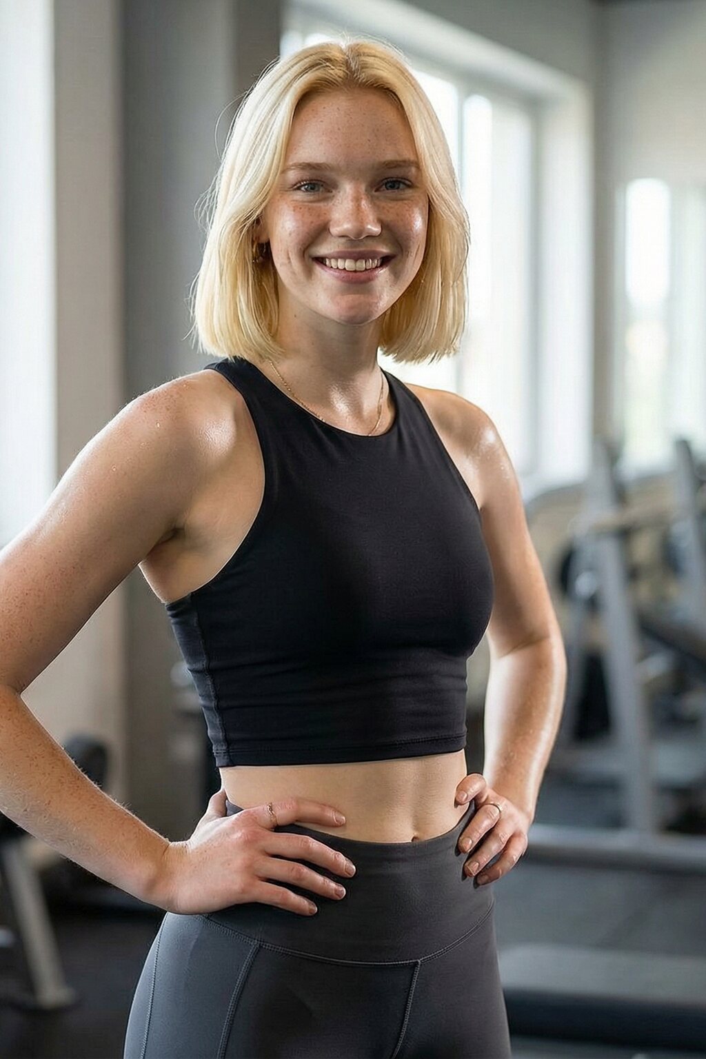 Finished AI gym photo: mid-session pose holding a dumbbell under hard overhead training-floor lighting