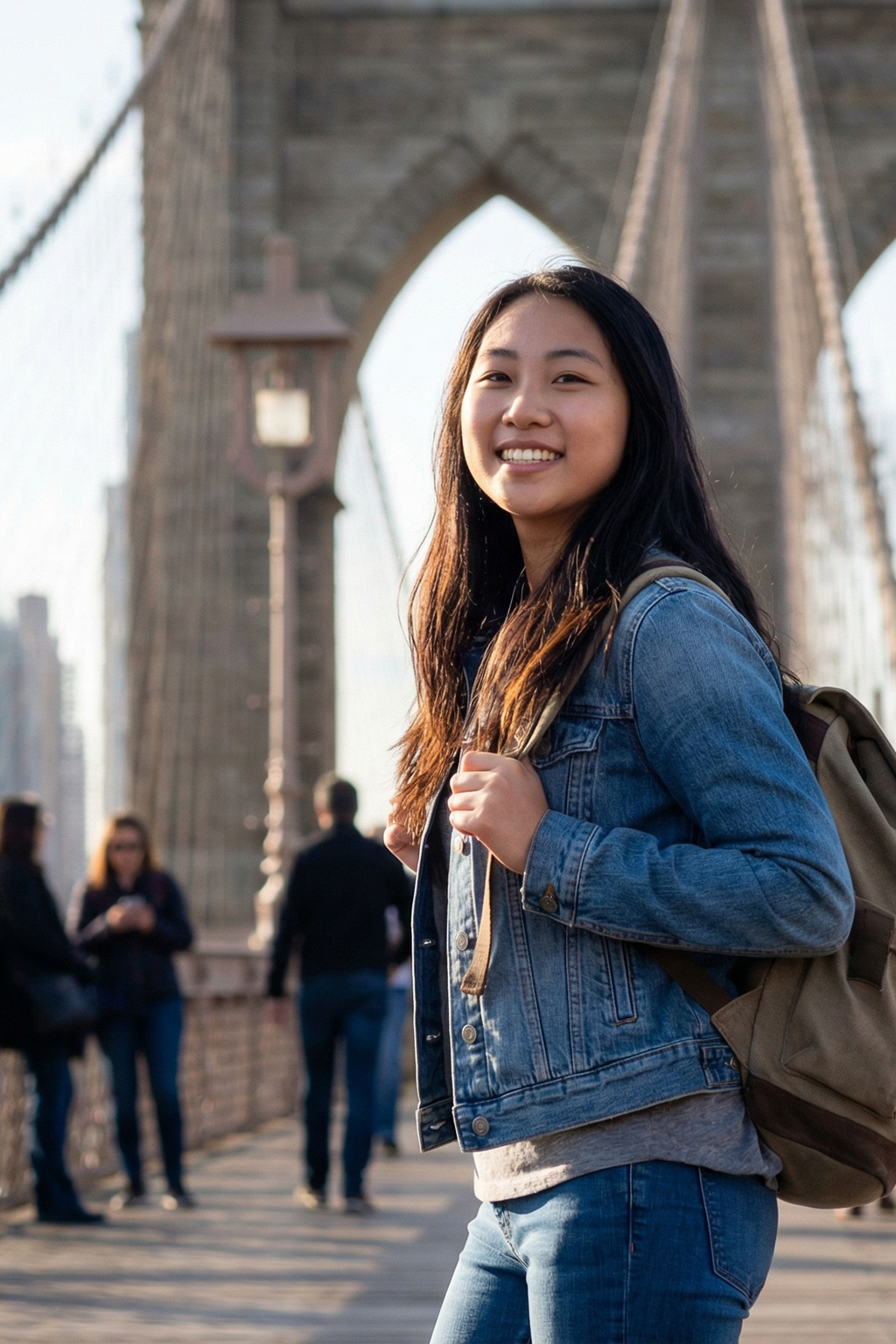 AI full-length travel photo of a person standing on a bridge in daylight with the whole body visible