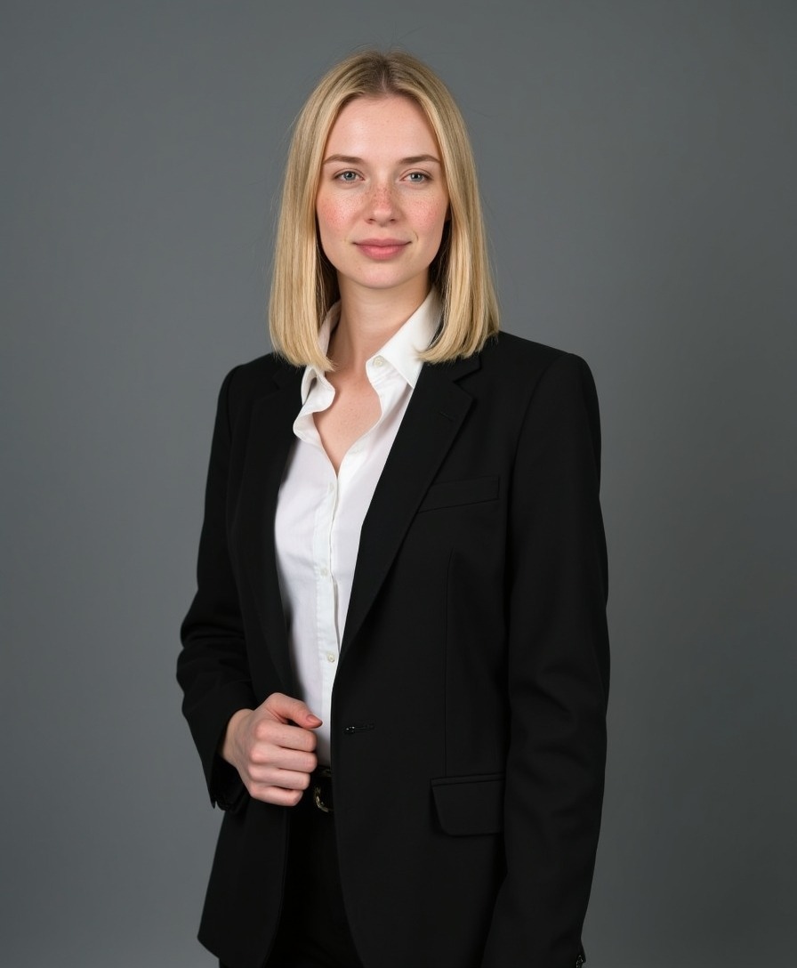 AI photo from one selfie: attorney bio portrait in a dark suit against a restrained neutral office background