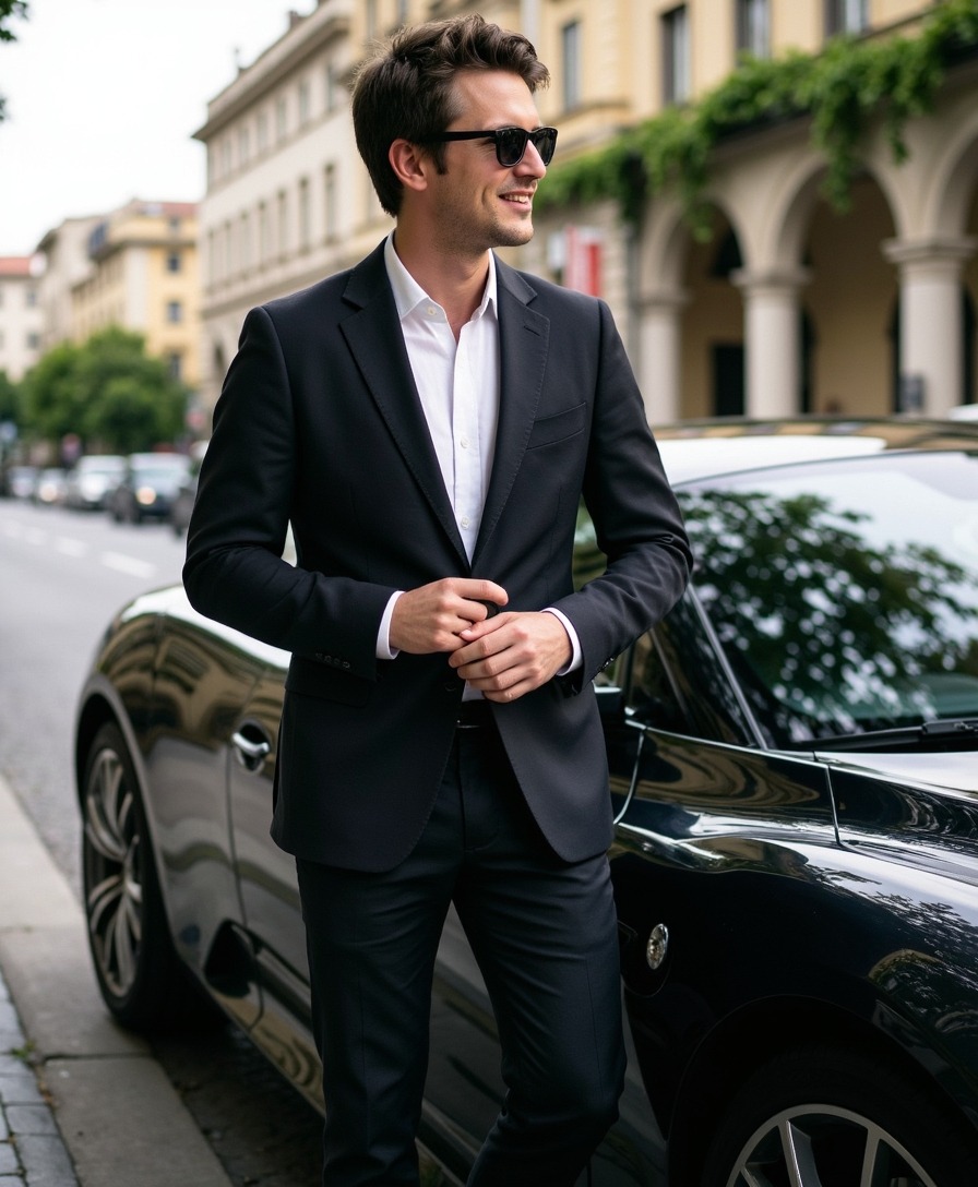 AI smart casual luxury portrait beside a high-end car, another Luxury pack look built from the same single selfie upload