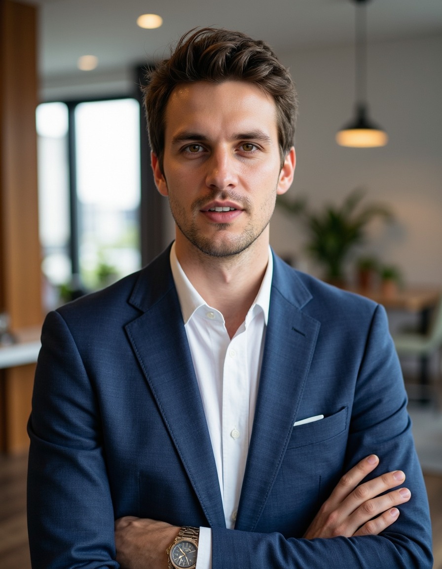 AI CEO headshot of a man in a tailored dark suit against a clean neutral background with even front-weighted executive lighting