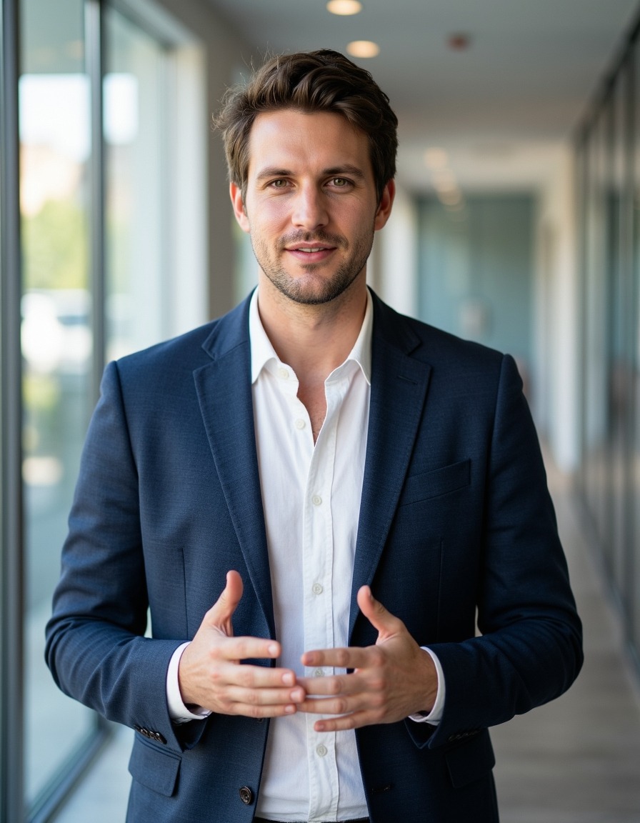 Second AI executive headshot variation showing a slightly turned shoulder line and softly blurred office background behind the subject