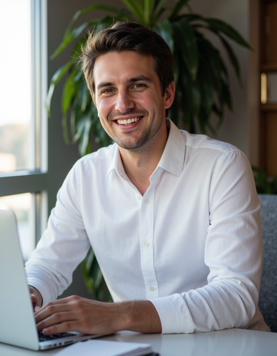 AI business formal desk headshot of a man in shirt and tie seated at a tidy office desk with side window light across his face
