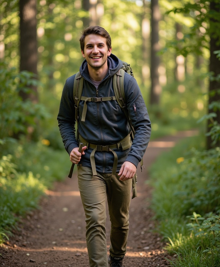 AI photo from one selfie: full-length shot walking a forest trail under dappled green daylight through the canopy