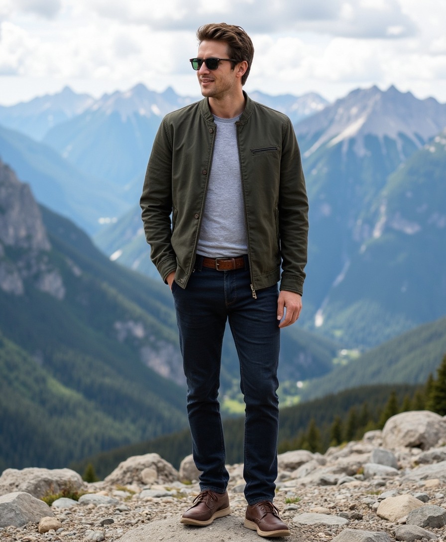 AI travel photo of a person at a mountain viewpoint in bright open daylight with wide scenery behind