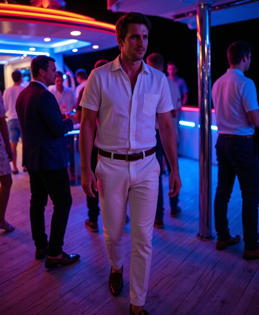 AI photo from one selfie: smart casual night out portrait in a dim club interior lit by coloured ambient light