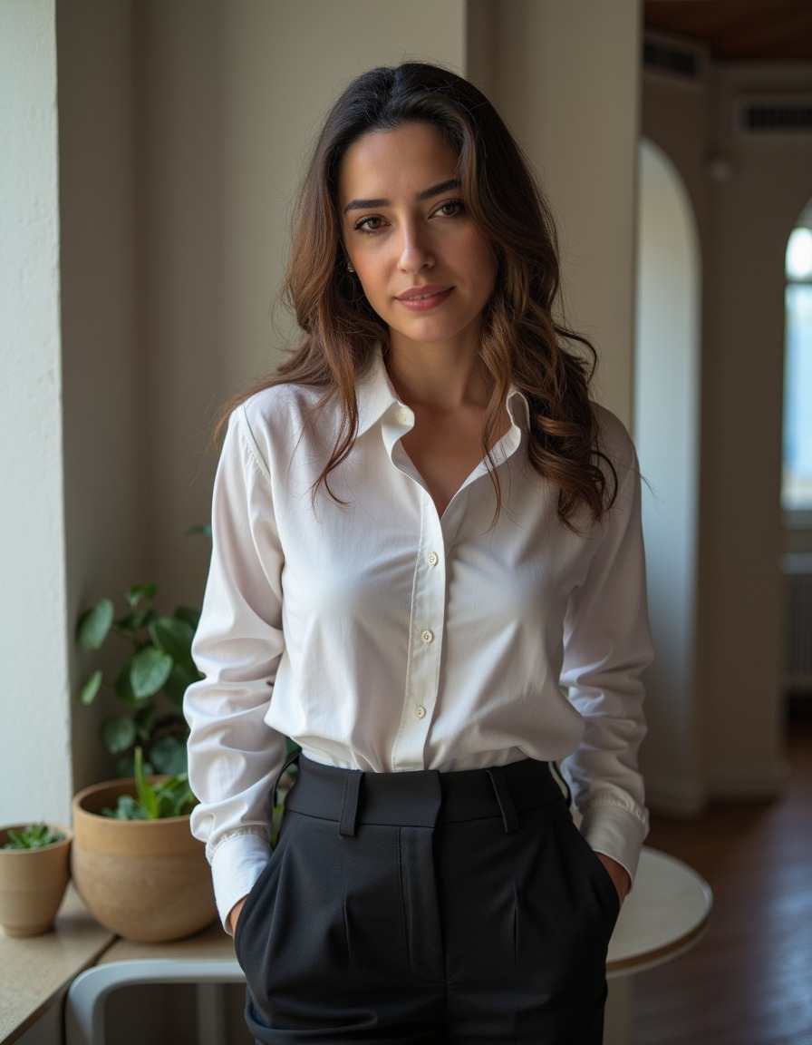 AI corporate headshot with a softly defocused modern office interior behind the subject, from the same LinkedIn Headshots pack