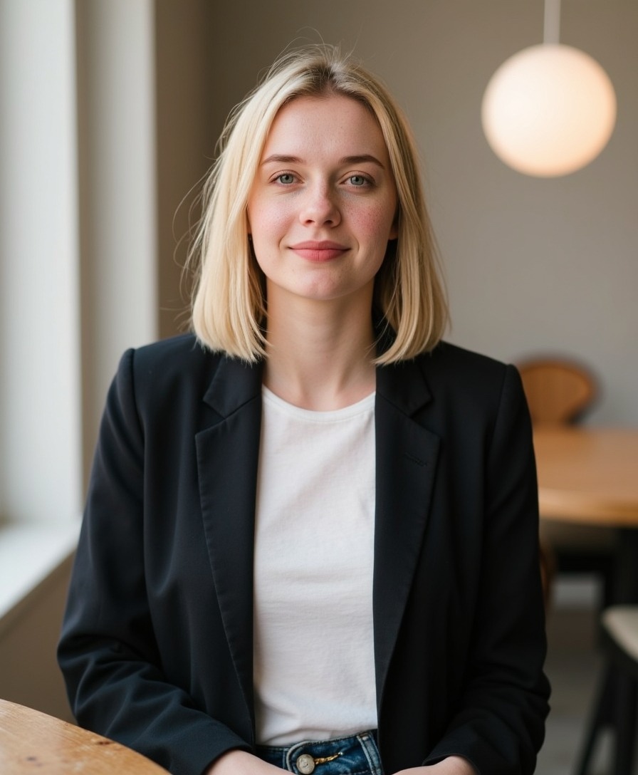 AI photo from one selfie: real estate agent standing in a modern brokerage office with glass and warm interior light