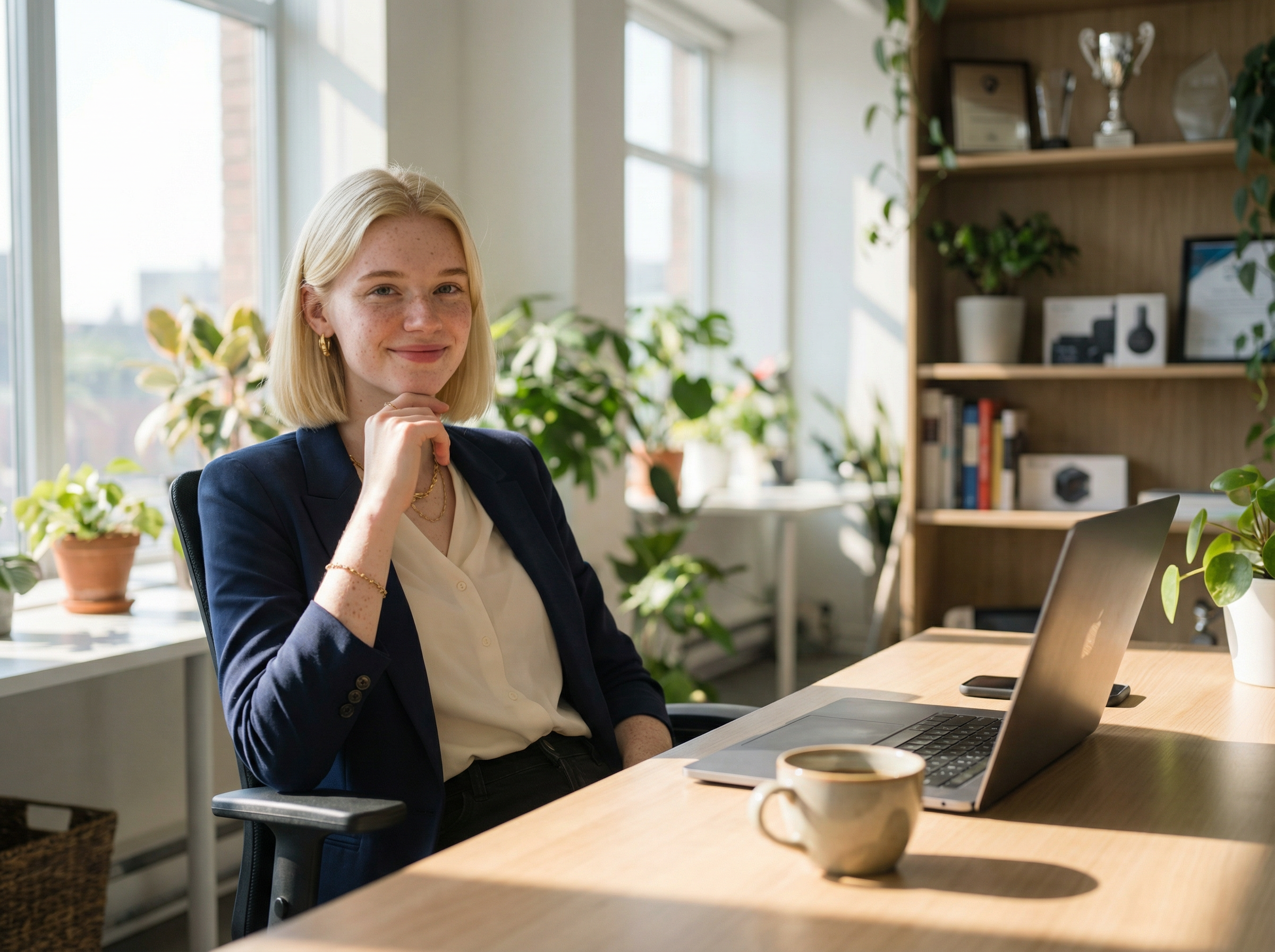 Finished AI photo: polished professional portrait in business dress against a clean neutral studio backdrop