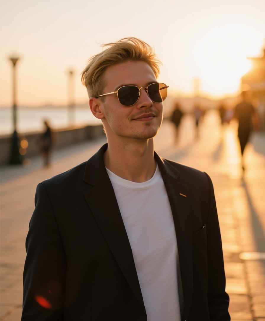 AI photo from one selfie: editorial golden hour portrait outdoors with flowing fabric and low warm sunlight