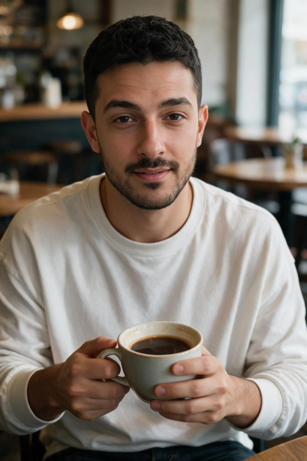 AI dating profile photo for Hinge: a coffee shop date portrait, generated from one selfie