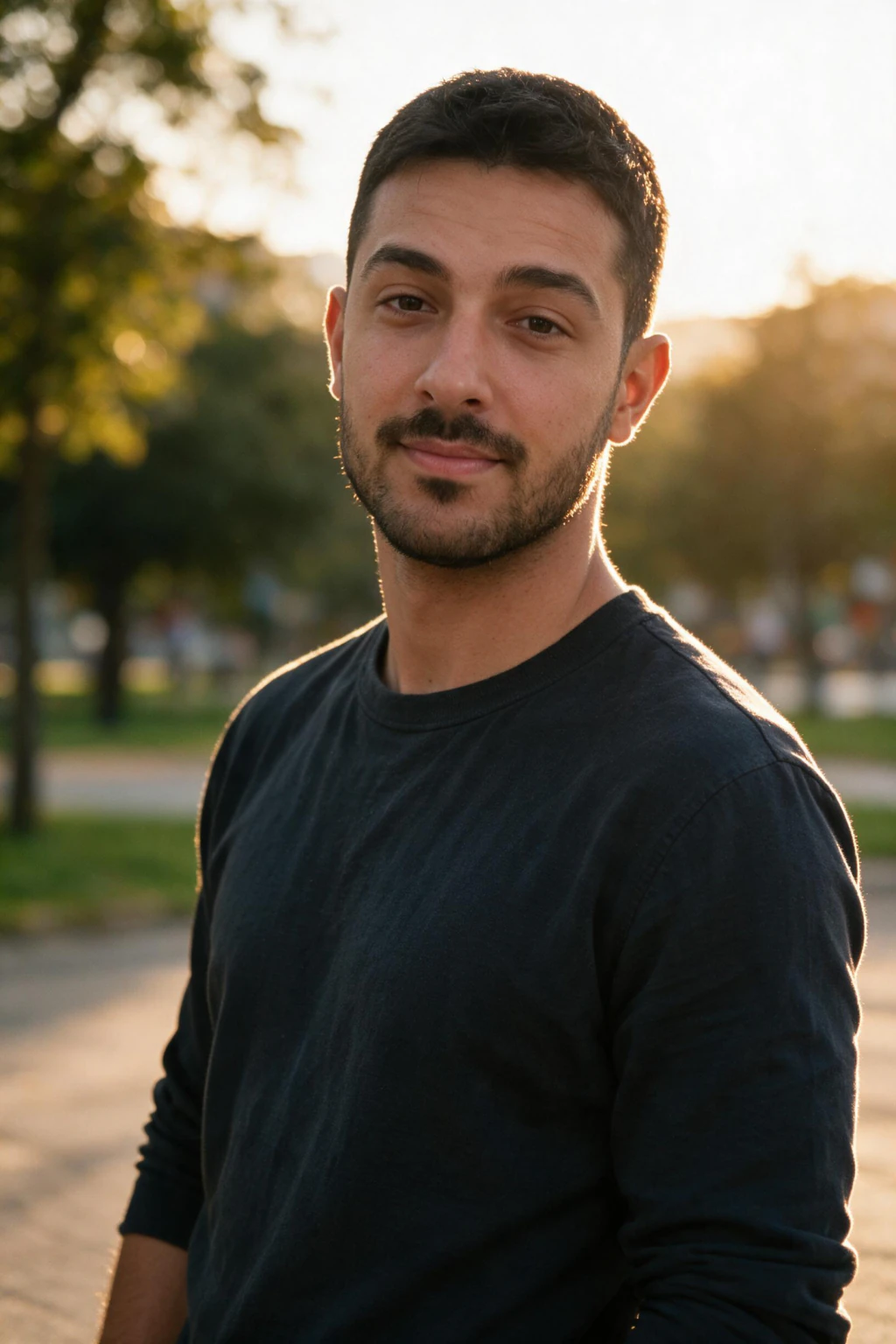 AI dating profile photo for Hinge: a golden hour outdoor portrait, generated from one selfie