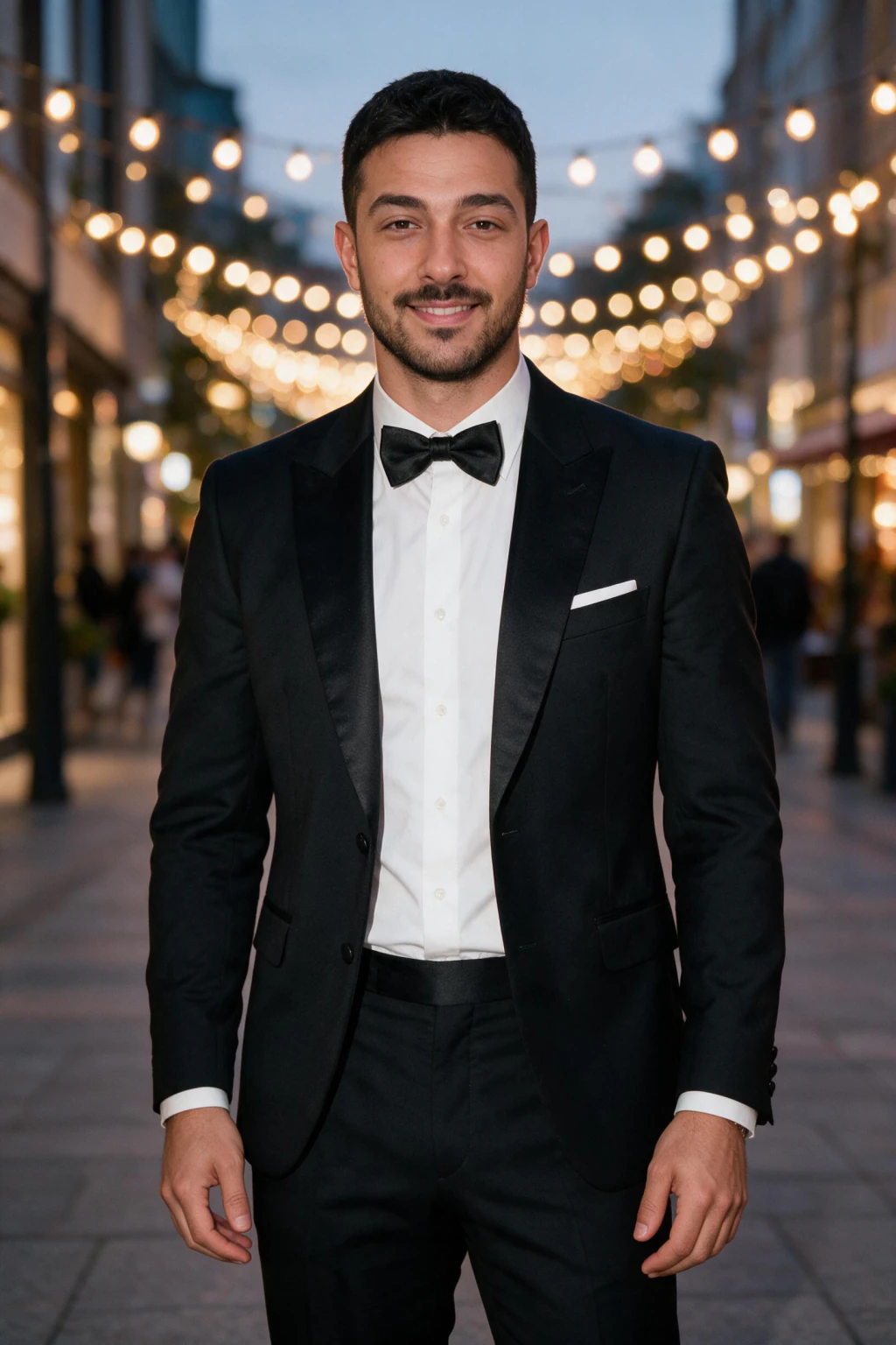 AI dating profile photo for Hinge: a night out portrait in city light, generated from one selfie