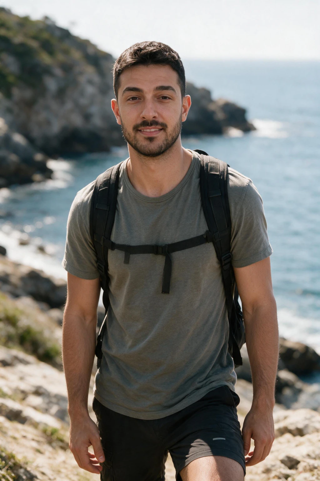 AI dating profile photo for Hinge: a travel portrait on a city street, generated from one selfie