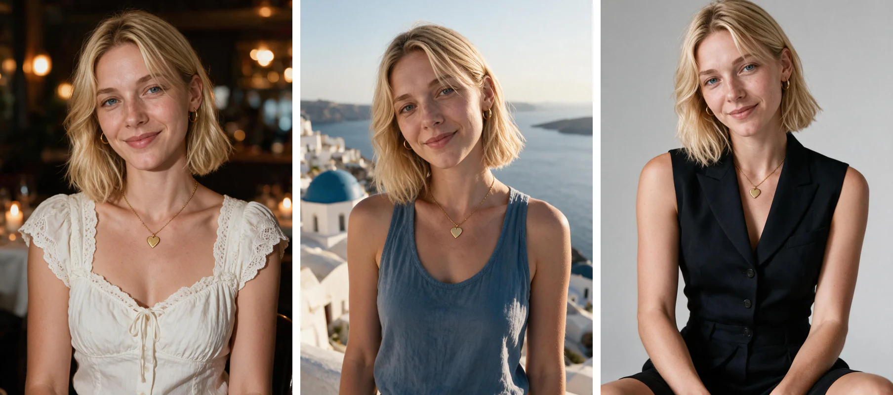 Three AI-generated Hinge profile photos of the same person: casual dating portrait, outdoor travel shot, and editorial style photo