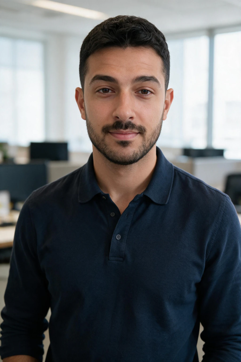 AI LinkedIn headshot: an office headshot against a work background, generated from one selfie