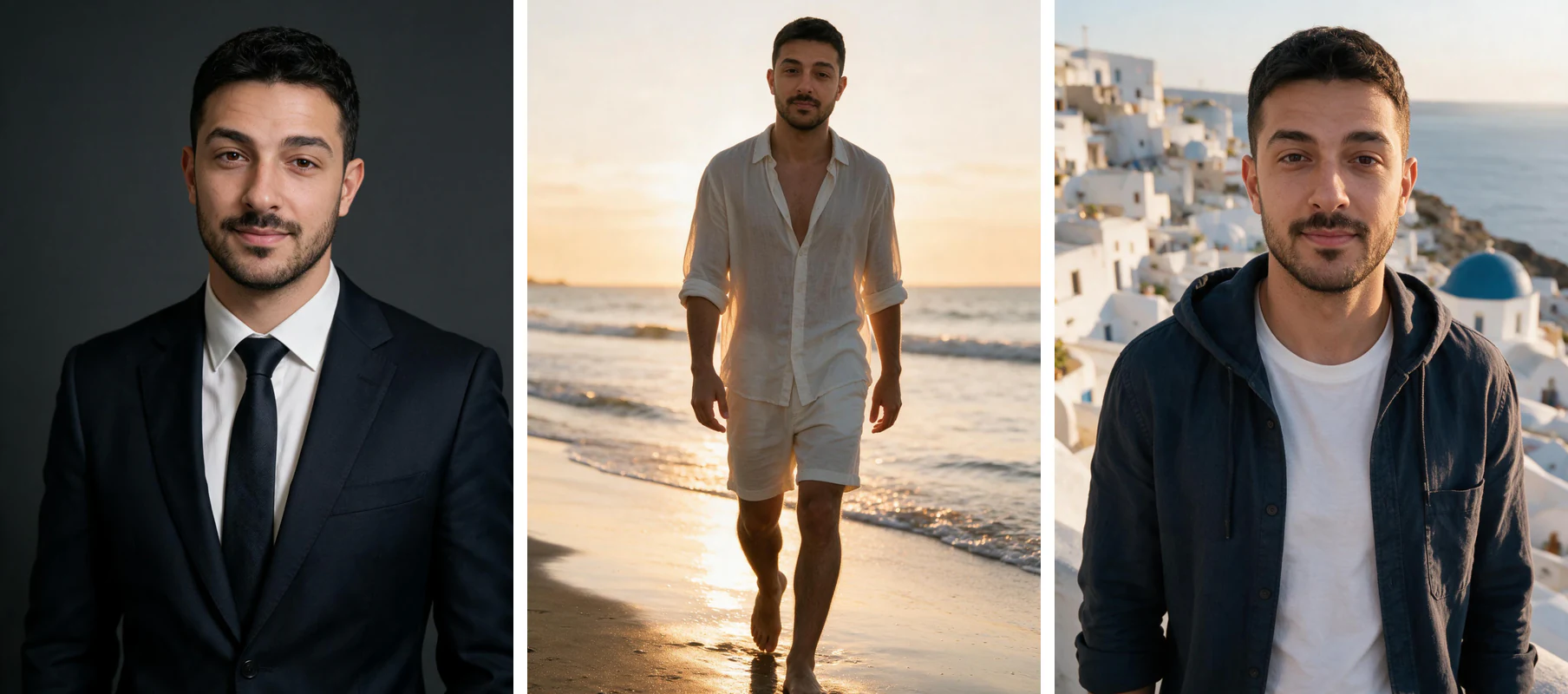 Three AI photos generated from one selfie: professional portrait, casual dating photo, and outdoor travel shot of the same person