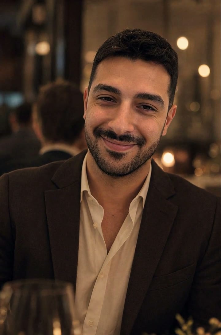 AI portrait with the face clearly lit in warm indoor light, both eyes visible and sharp in a tight crop