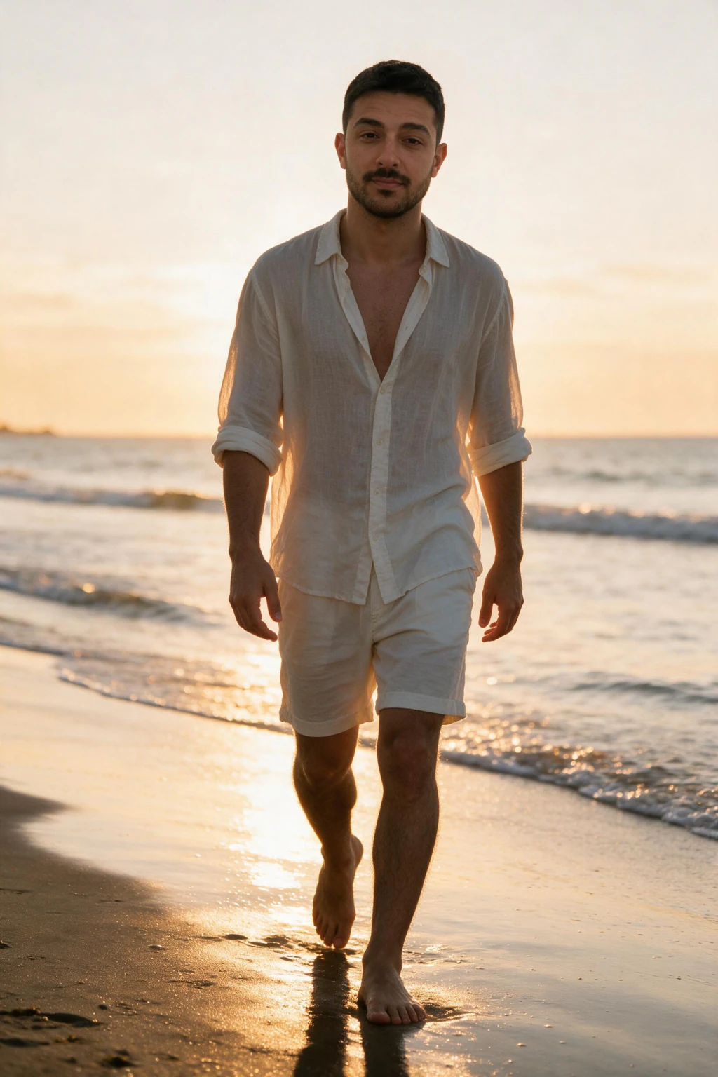 AI beach photo generated from one selfie: shoreline portrait at golden hour