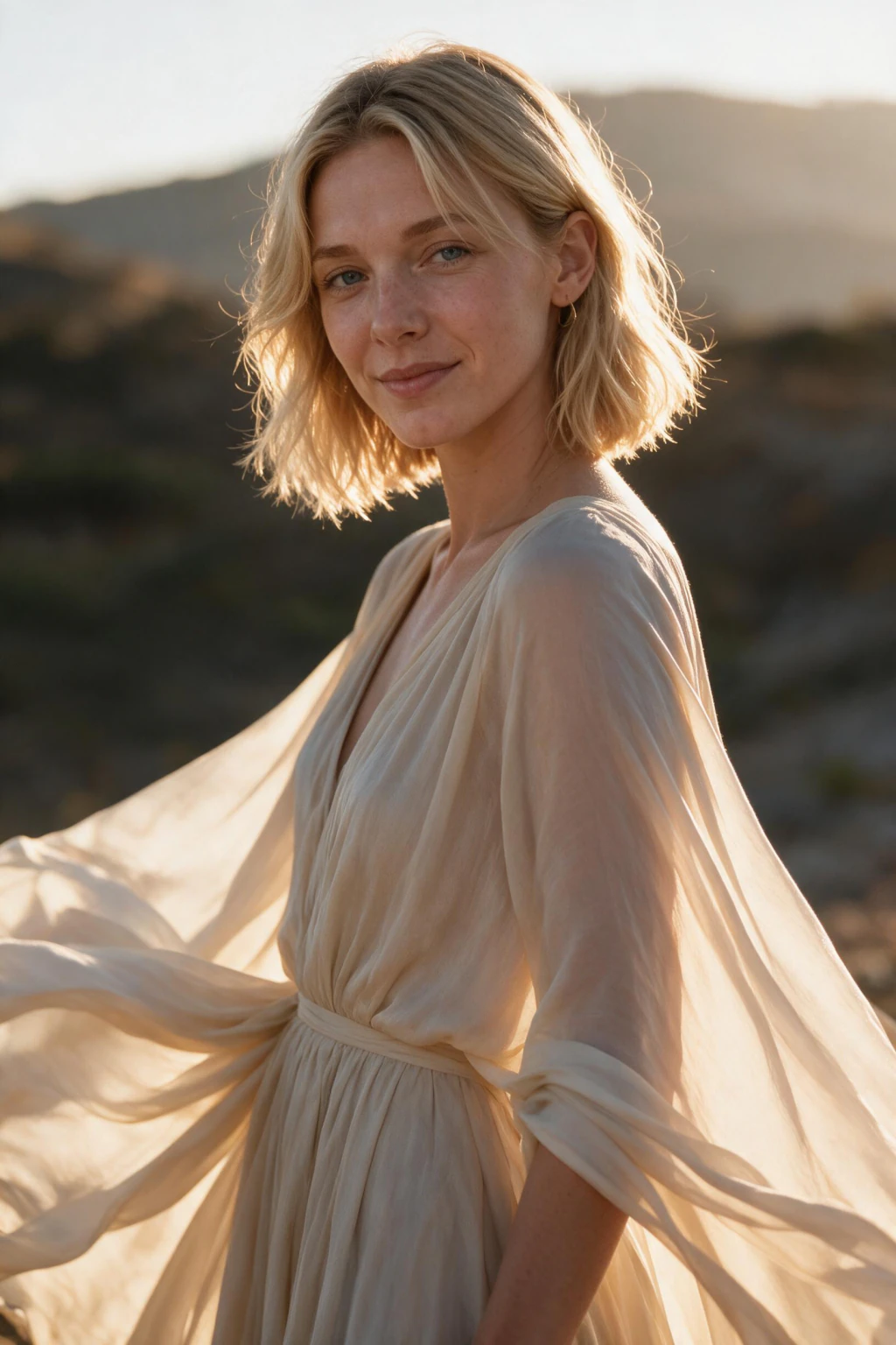 Realistic golden hour portrait AI prompt example output with natural light and shallow depth of field