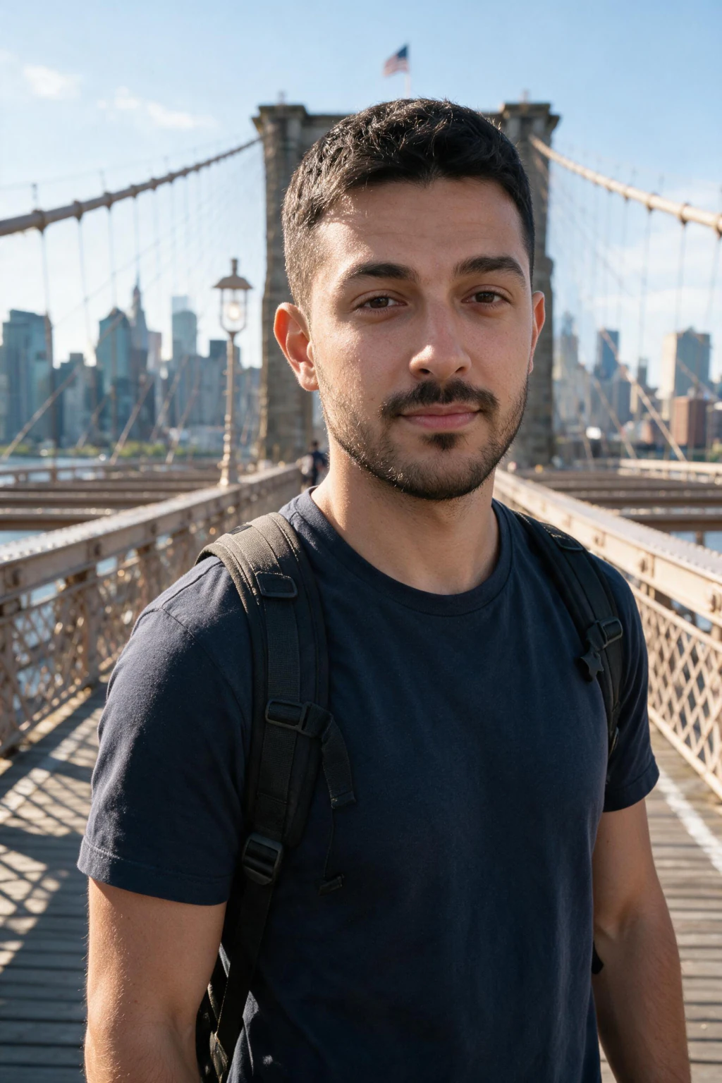 AI dating photo slot 2: full-length outdoor shot on a bridge, whole body visible in daylight
