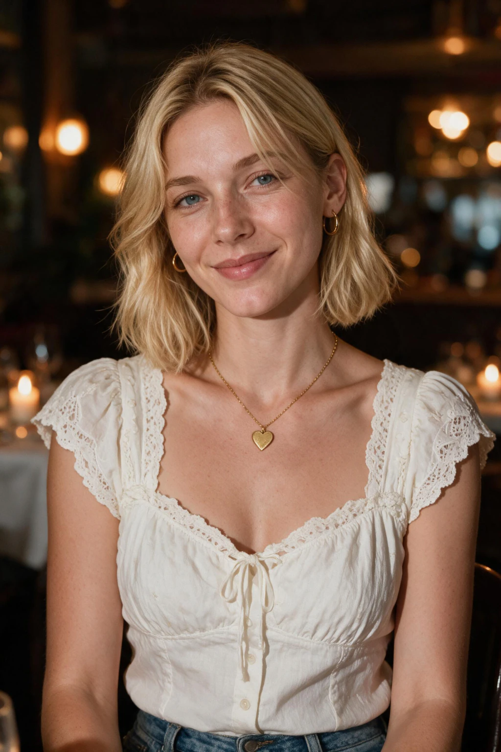 AI dating photo slot 6: candid restaurant shot with a natural unposed smile